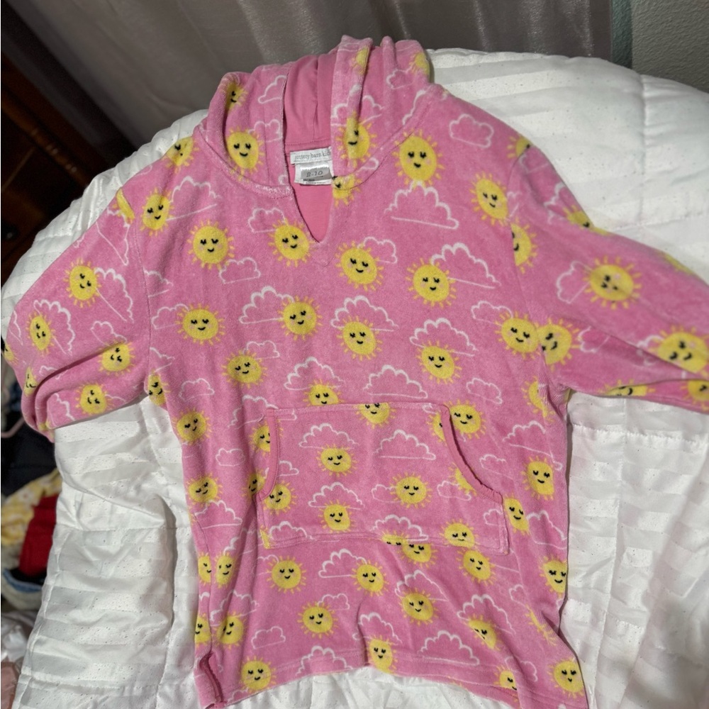 Pottery Barb Kinds Swim cover: Pink Hoodie with Sun and Cloud Print